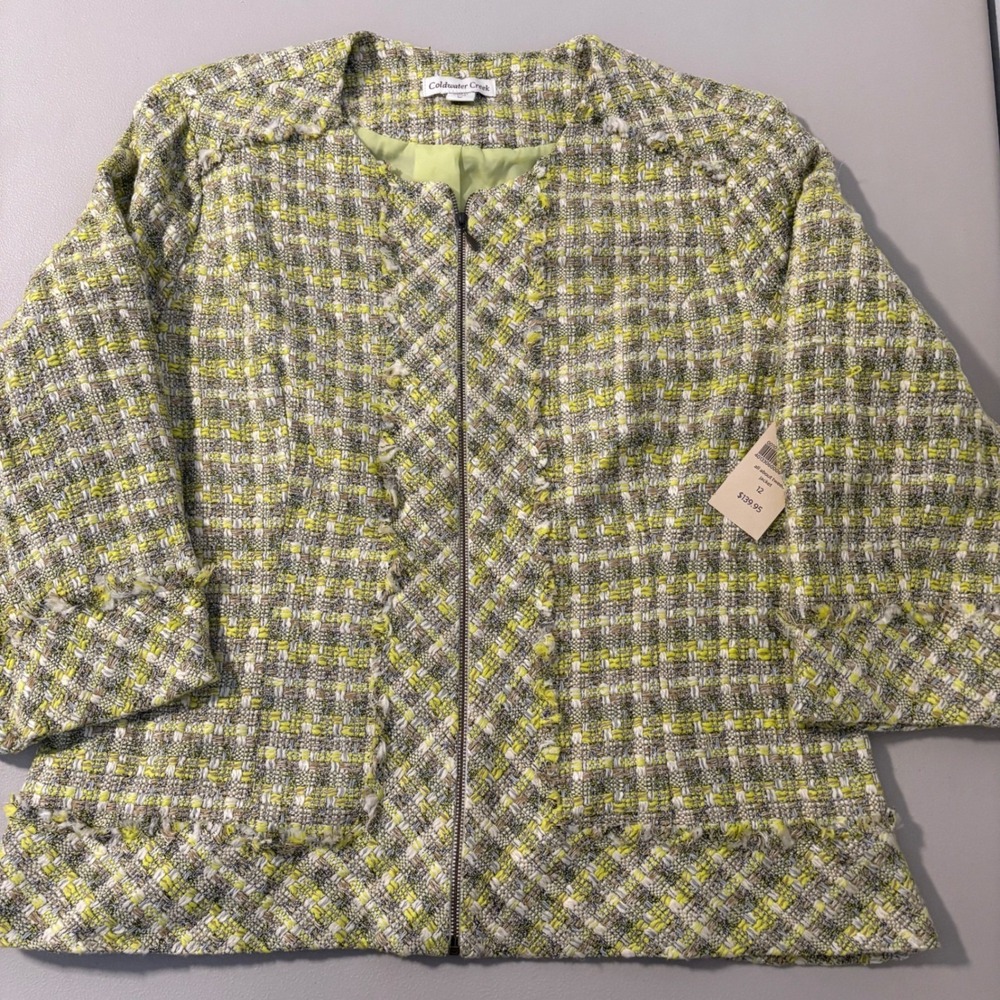 Coldwater Creek All About Tweed Jacket Lime Green Multi Zip Fringe Blazer 12 NEW